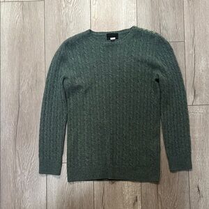 JCrew Moss Green Cable Knit Cashmere Sweater Pearl Buttons